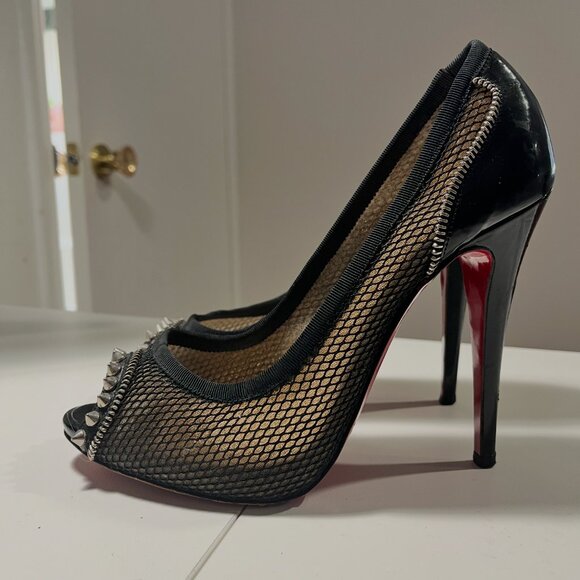 Christian Louboutin Black Mesh And Patent Leather Spiked Shawnita Peep Toe Pumps - Picture 3 of 5